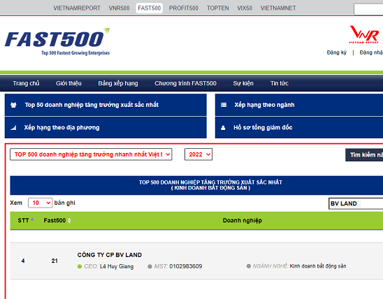 BV LAND (BVL) ACHIEVE HIGH RANKING IN TOP 500 FASTEST GROWING ENTERPRISES IN VIETNAM IN 2022