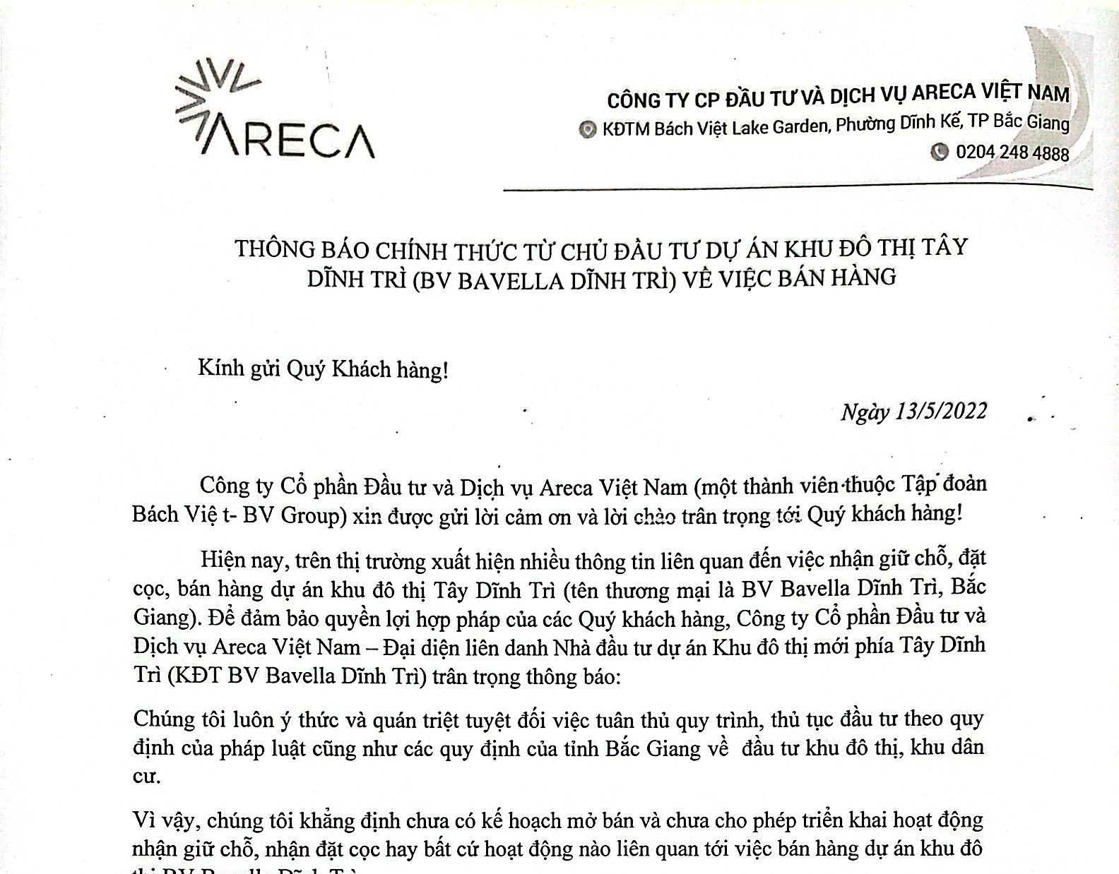 THÔNG BÁO CHÍNH THỨC TỪ CHỦ ĐẦU TƯ DỰ ÁN KHU ĐÔ THỊ TÂY DĨNH TRÌ (BV BAVELLA DĨNH TRÌ) VỀ VIỆC BÁN HÀNG