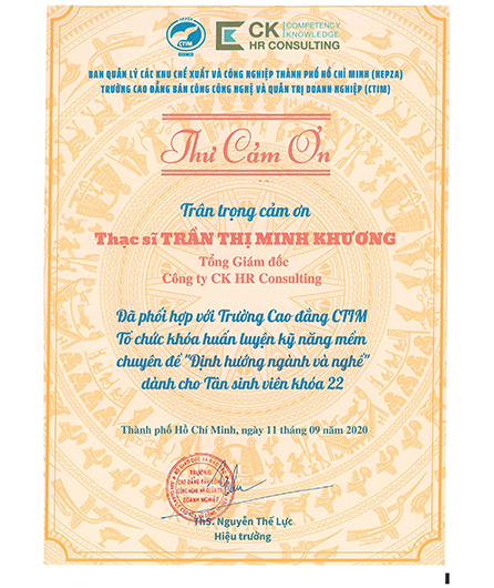 Thư cảm ơn của Trường Đại học Tài chính - Marketing