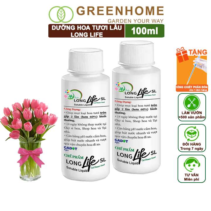 Dưỡng Hoa Lâu Tàn, Long Life, Chai 100ml, Nở Bông To, Không Bị Hôi Nước, 1 Chai Pha 10lít Nước