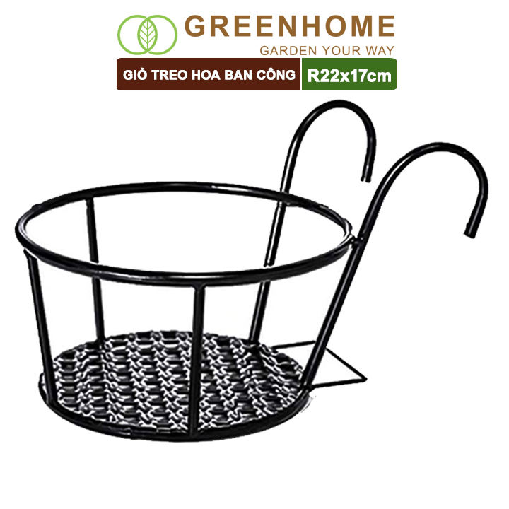 Giỏ Treo Hoa Ban Công, D22xC18cm, Chất Liệu Sắt Sơn Tĩnh Điện, Phù Hợp Với Mọi Lan Can, Dễ Treo, Móc