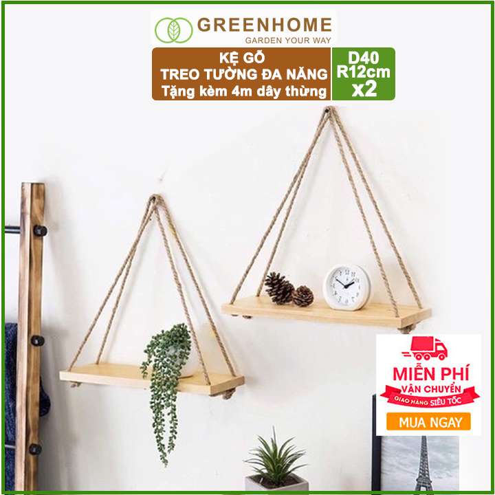 Kệ Gỗ Treo Tường, D40xR12cm, Gỗ Thông, Tặng Kèm 2m Dây Thừng, Kệ Trang Trí Ban Công, Phòng Khách