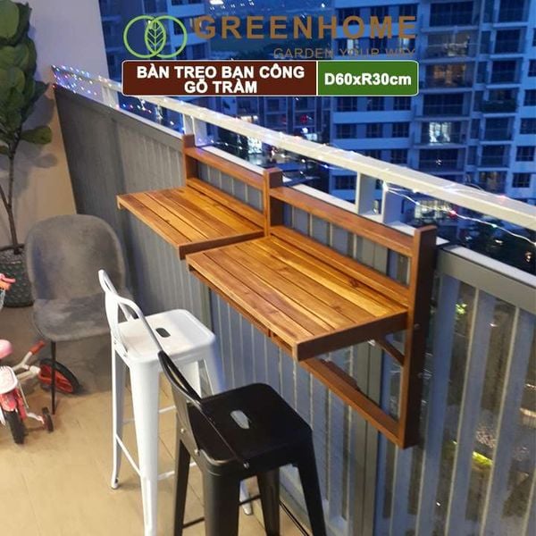 Bàn treo ban công, D60xR30cm, màu gỗ tự nhiên, gỗ tràm, siêu bền, phù hợp mọi lan can |Greenhome