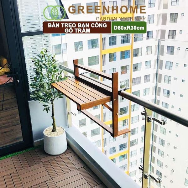 Bàn treo ban công, D60xR30cm, màu gỗ tự nhiên, gỗ tràm, siêu bền, phù hợp mọi lan can |Greenhome