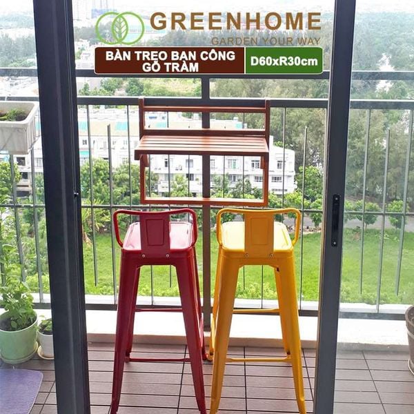 Bàn treo ban công, D60xR30cm, màu gỗ tự nhiên, gỗ tràm, siêu bền, phù hợp mọi lan can |Greenhome