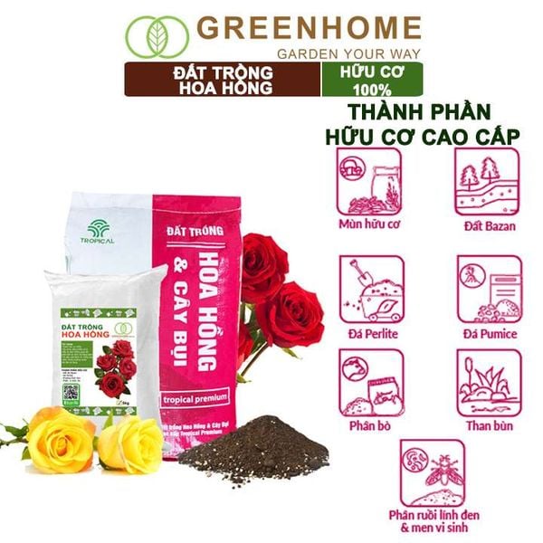 Đất trồng hoa hồng hữu cơ, trộn sẵn, đầy đủ dinh dưỡng, kháng bệnh tốt, sai hoa, bông to |Greenhome