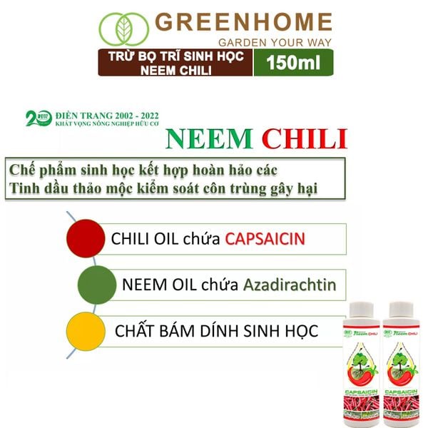 Dầu Neem Oil Sinh Học Neem Chill, 150ml, Kết Hợp Tinh Dầu Tỏi, Ớt, Trừ Bọ Trĩ, Nhện Đỏ, Rầy, Rệp Sáp Cho Cây Cảnh, Rau, Hoa Hồng