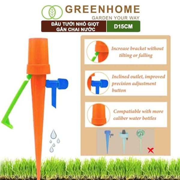 Đầu tưới nhỏ giọt gắn chai nước, D15cm, có chân chống đỗ, chỉnh được lượng nước, màu ngẫu nhiên |Greenhome