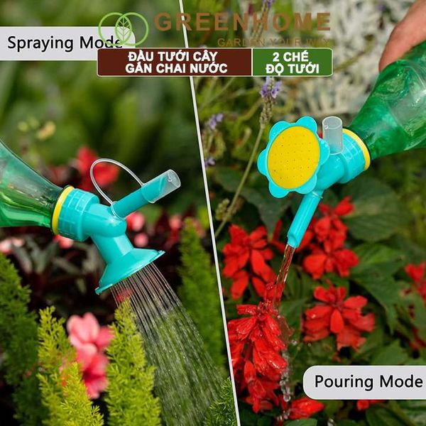 Đầu vòi tưới cây gắn chai nước, 2 chế độ tưới tiện lợi, có nắp đậy, màu sắc ngẫu nhiên |Greenhome