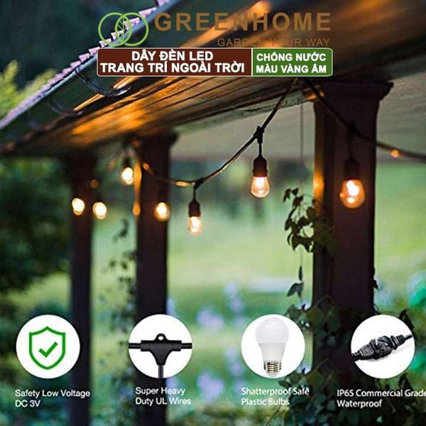 Dây đèn Led trang trí ngoài trời, màu Vàng ấm, chống bụi, chống nước, tiết kiệm điện |Greenhome