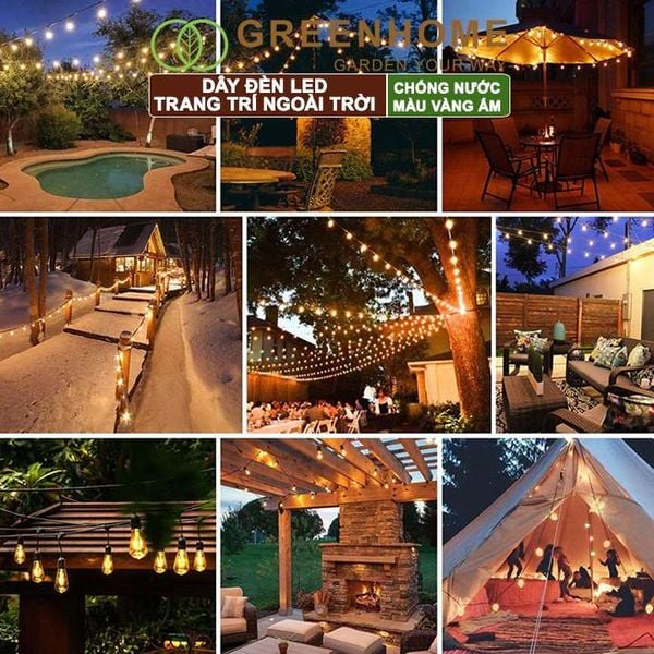Dây đèn Led trang trí ngoài trời, màu Vàng ấm, chống bụi, chống nước, tiết kiệm điện |Greenhome