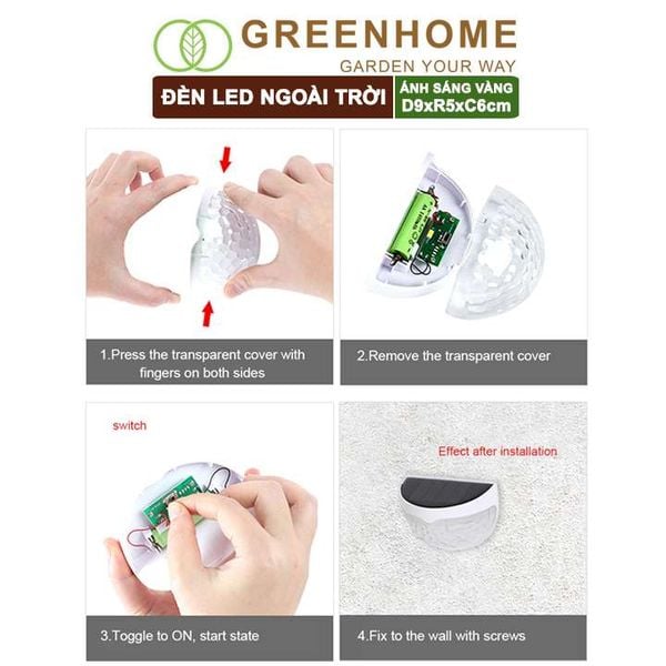 Đèn led năng lượng mặt trời, D9xR5xC6cm, ánh sáng vàng , trang trí sân vườn, cầu thang |Greenhome