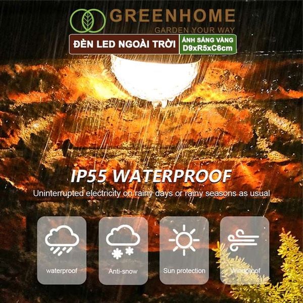 Đèn led năng lượng mặt trời, D9xR5xC6cm, ánh sáng vàng , trang trí sân vườn, cầu thang |Greenhome