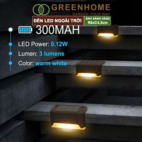 Đèn Led năng lượng mặt trời, R8xC4,5cm, đèn vàng ấm, chống nước, ốp lan can, trang trí ngoài trời |Greenhome