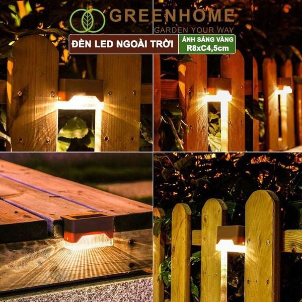 Đèn Led năng lượng mặt trời, R8xC4,5cm, đèn vàng ấm, chống nước, ốp lan can, trang trí ngoài trời |Greenhome