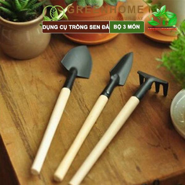 Dụng cụ làm vườn mini, 3 món, tiện lợi, chuyên dụng trồng sen đá, cán gỗ |Greenhome