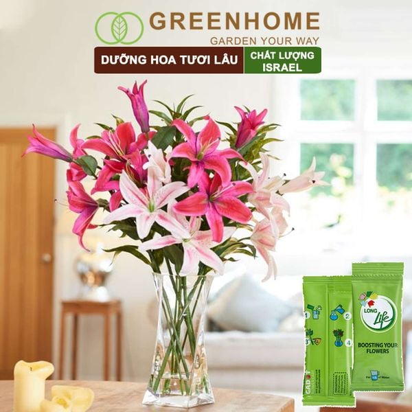 Dưỡng hoa tươi lâu longlife Greenhome, gói 5gr, lâu tàn, nở bông to, không bị hôi nước