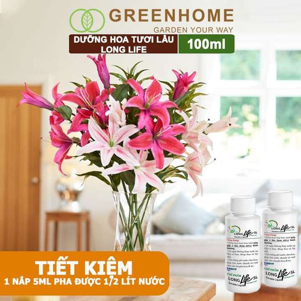 Dưỡng Hoa Tươi Lâu Long Life, Chai 100ml, Hoa Lâu Tàn, Nở Bông To, Không Bị Hôi Nước, 1 Chai Pha 10lít Nước