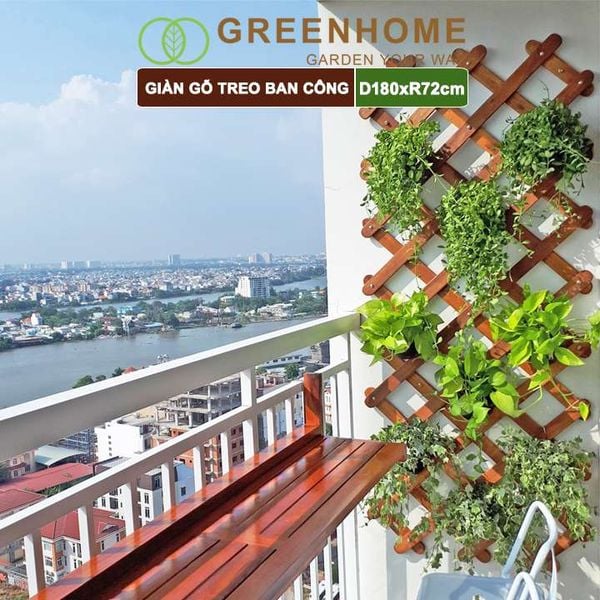 Giàn gỗ treo ban công, R72xC180cm, gỗ tràm siêu bền, co giản được, làm khung hoa hồng leo, bông giấy |Greenhome