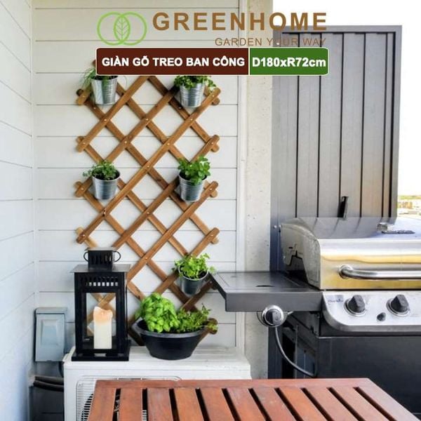 Giàn gỗ treo ban công, R72xC180cm, gỗ tràm siêu bền, co giản được, làm khung hoa hồng leo, bông giấy |Greenhome