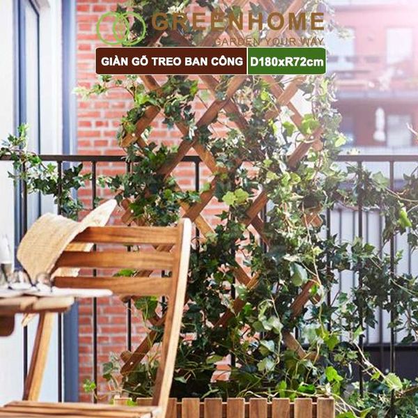 Giàn gỗ treo ban công, R72xC180cm, gỗ tràm siêu bền, co giản được, làm khung hoa hồng leo, bông giấy |Greenhome