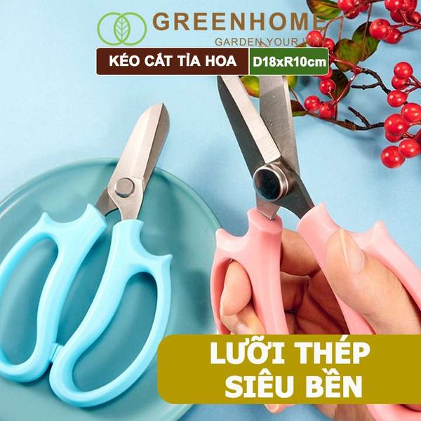 Kéo cắt tỉa hoa, làm vườn Greenhome, D18xR10cm, thiết kế tối ưu giảm lực tay, màu sắc hiện đại, dễ sử dụng