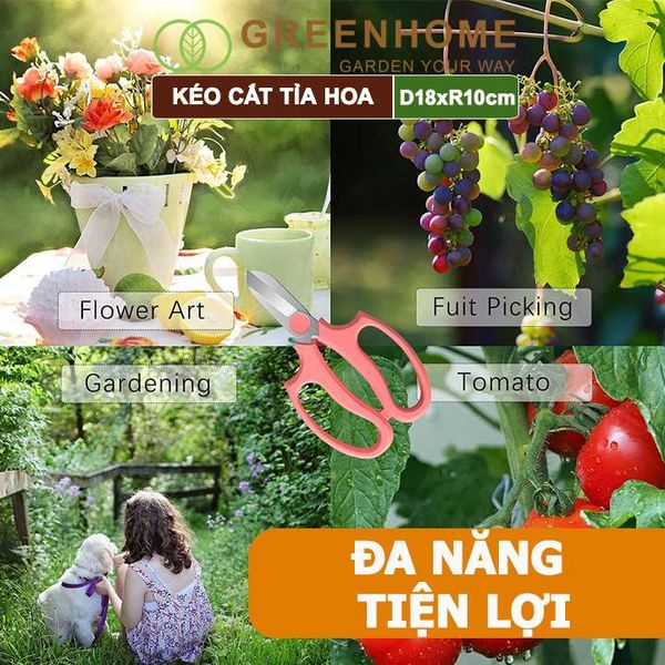 Kéo cắt tỉa hoa, làm vườn Greenhome, D18xR10cm, thiết kế tối ưu giảm lực tay, màu sắc hiện đại, dễ sử dụng