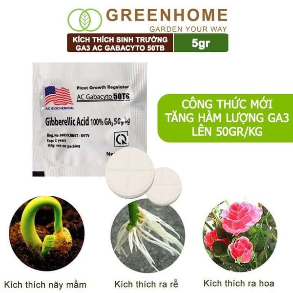 Phân bó lá cao cấp GA3, Gibber 50TB, viên 5gr, dạng sủi, kích thích ra đọt, bông lớn, trái to