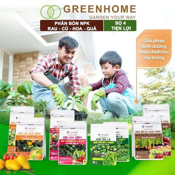 Phân bón Greenhome NPK phú mỹ cho rau ăn lá, củ, quả, cây ăn trái, hoa, dinh dưỡng cân đối, chắc rễ, khoẻ cây, sung đọt