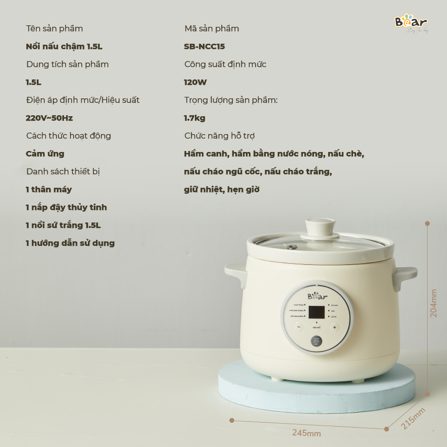 Thông số kỹ thuật nồi nấu chậm Bear 1.5L