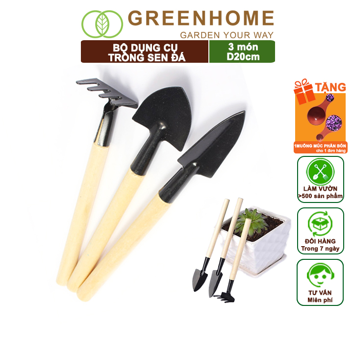 Dụng Cụ Làm Vườn, 3 Món Gồm Xẻng Xúc Đất, Cào , Mini, Cán Gỗ, Tiện Lợi, Dễ Sử Dụng, Trồng Sen Đá, Tiểu Cảnh