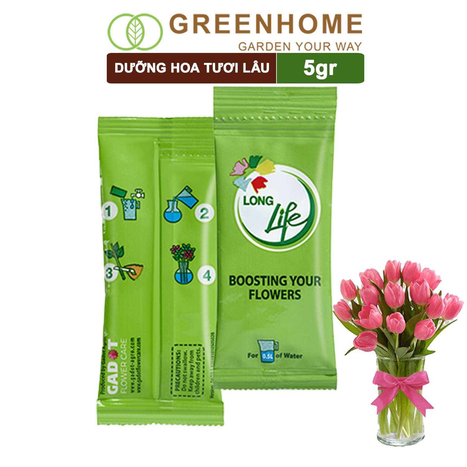 Dưỡng Hoa Lâu Tàn, Longlife, Gói 5gr, Phân Bón Cho Hoa Cắt Cành, Lâu Tàn, Nở Bông To, Không Bị Hôi Nước