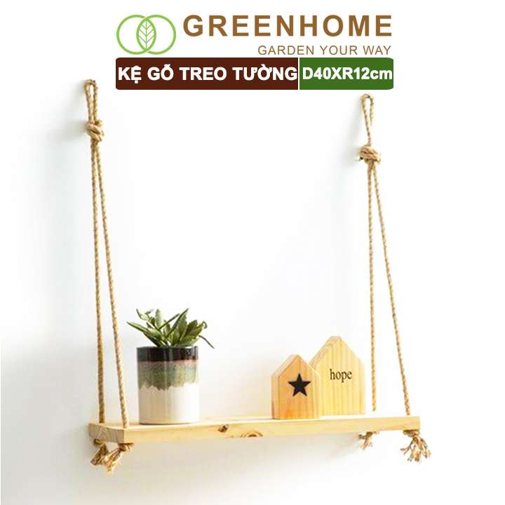 Kệ Gỗ Treo Tường, D40xR12cm, Gỗ Thông, Tặng Kèm 2m Dây Thừng, Kệ Trang Trí Ban Công, Phòng Khách
