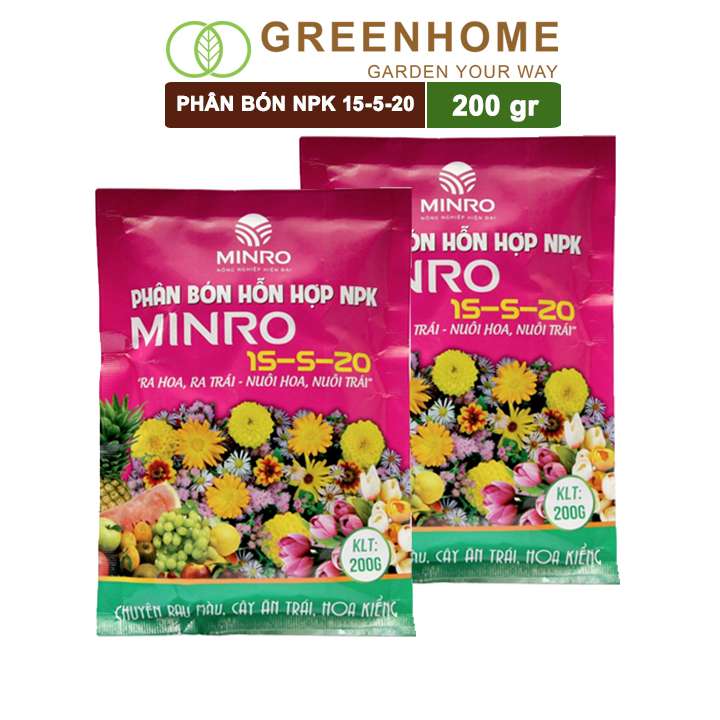 Phân NPK 15-5-20, Minro, Bao 200gr, Kích Ra Hoa, Tăng Đậu Trái Trên Kiểng, Cây Ăn Trái, Củ, Quả