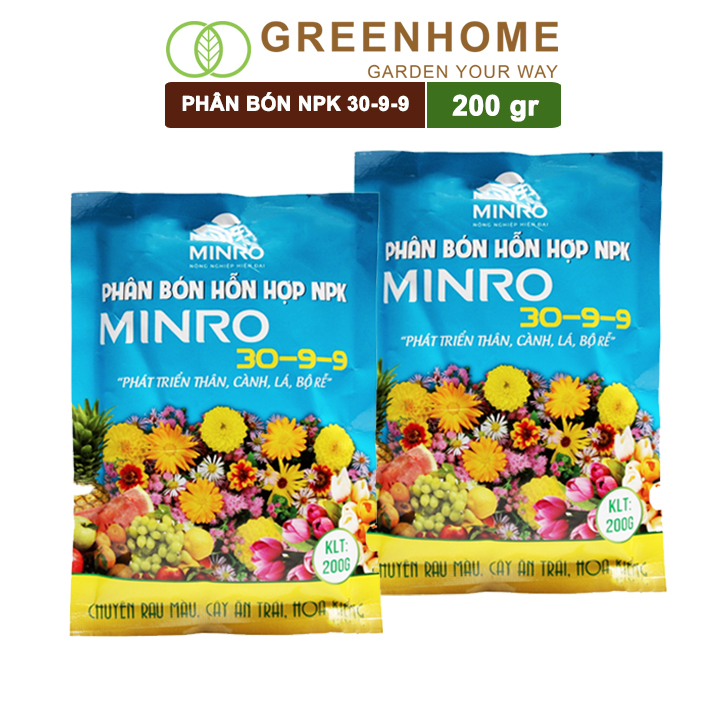 Phân NPK 30-9-9 +TE, Minro, Bao 200gr, Phát Triển Nhanh Thân, Cành, Lá, Bộ Rễ Trên Kiểng, Cây Ăn Trái, Củ, Quả