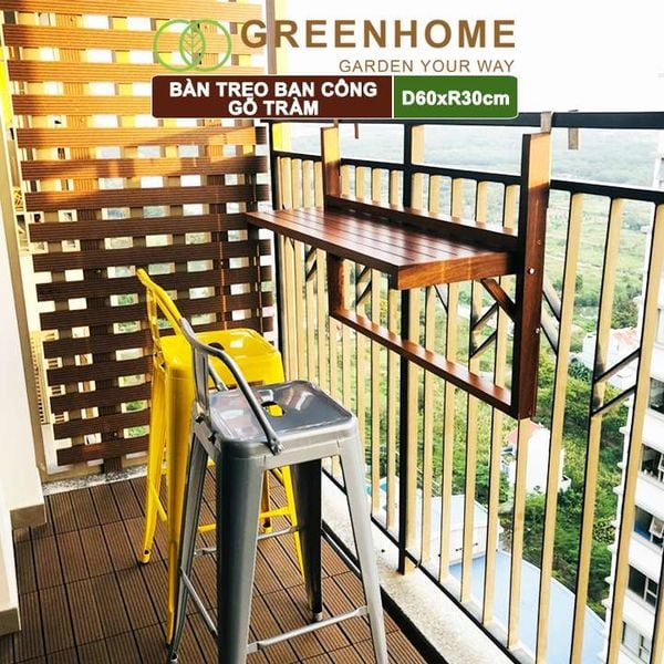 Bàn treo ban công, D60xR30cm, màu gỗ tự nhiên, gỗ tràm, siêu bền, phù hợp mọi lan can |Greenhome