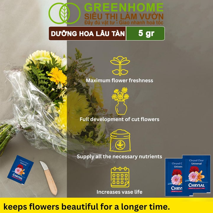 Dưỡng Hoa Lâu Tàn Chrysal, Phân Bón Cho Hoa Cắt Cành, Gói 5gr, Lâu Tàn, Nở Bông To, Không Bị Hôi Nước