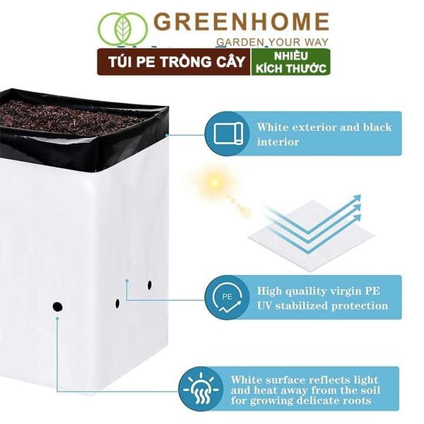 Túi PE trồng cây, 2 lớp, nhiều kích thước, chống UV tiện lợi, độ bền 1,5 năm, trồng rau, hoa, dâu tây |Greenhome
