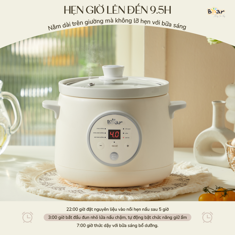 Chức năng hẹn giờ nồi nấu chậm Bear 1.5L